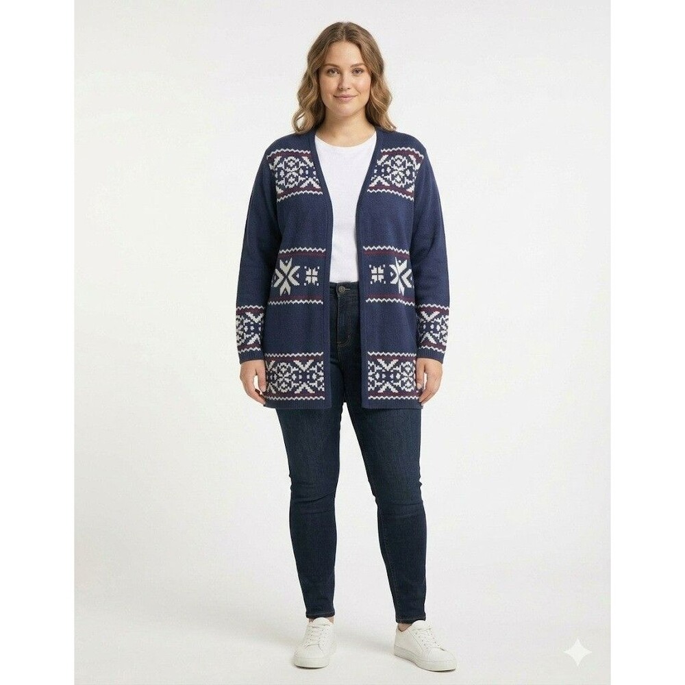 Catherines Women’s 4X Fair Isle Snowflake Cardigan Sweater Blue Red White Knit